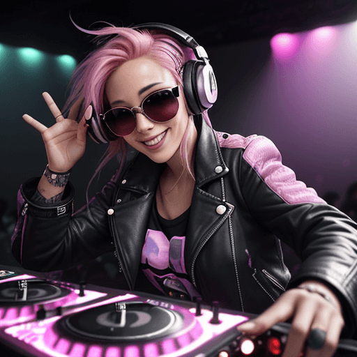 AI generated: beautiful (smiling:1) woman DJ with (pink hair:1.1) wearing (headphones:1.1) and sunglasses and a le...