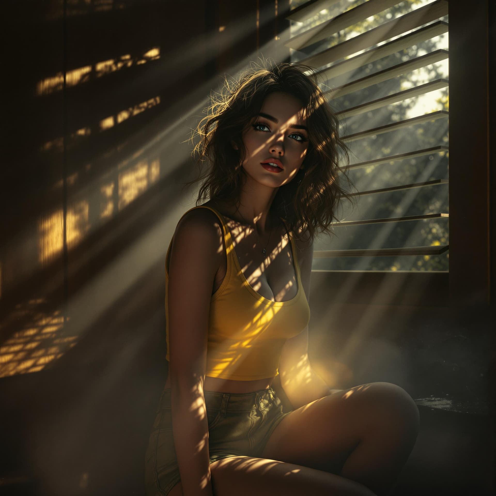 AI generated: A hyperrealistic, cinematic shot of a female near a window with light streaming in through the slats...