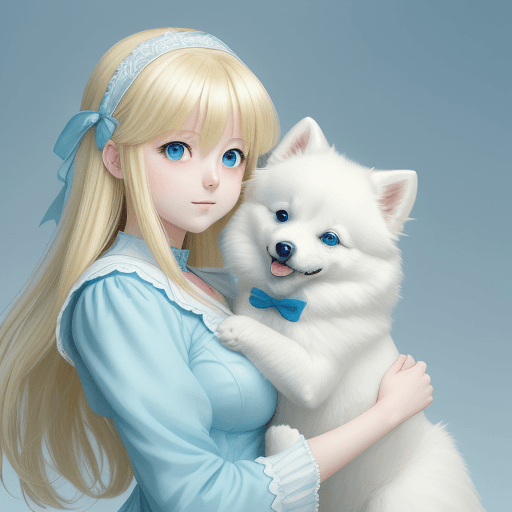 AI generated: young blonde girl snuggle of a white pomeranian dog, in the style of pixiv anime art, light azure an...