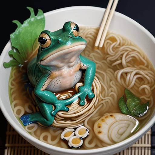 AI generated: tattoo style frog sitting in a bowl of Japanese ramen noodles 