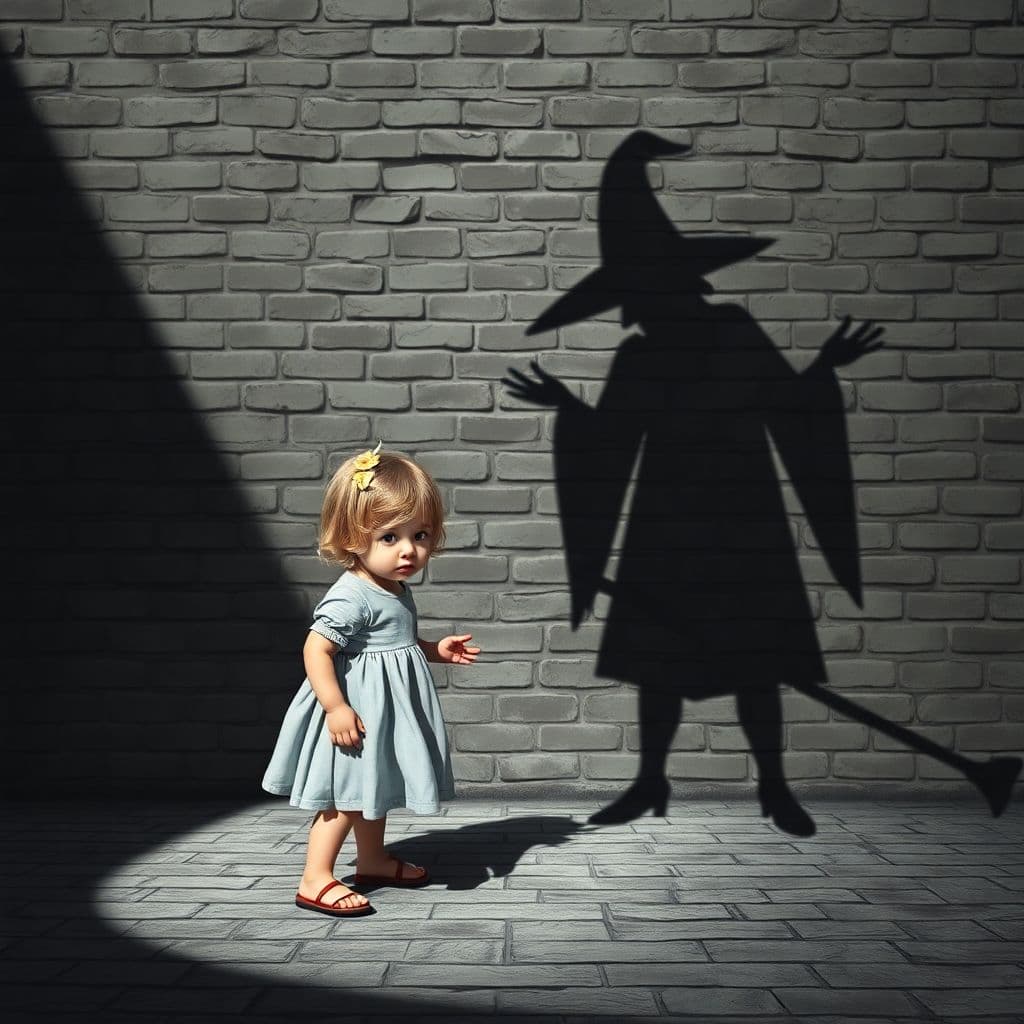AI generated: a cute toddler girl and a shadow of an evil big witch on the ground and on the wall of bricks, focus...