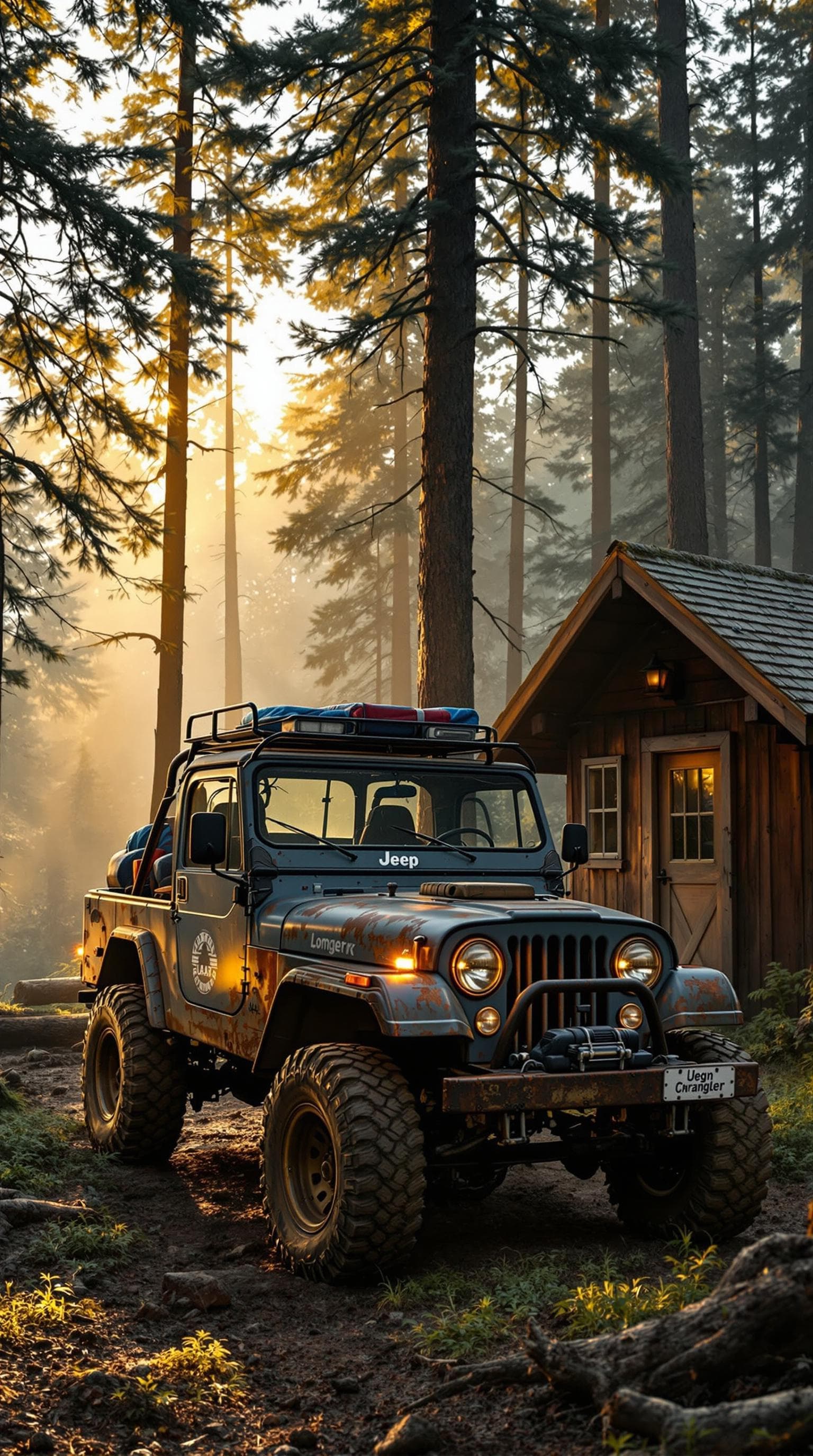 AI generated: A rugged, weathered 1980s Jeep Wrangler, its steel frame rusted with age, the engine block glowing f...
