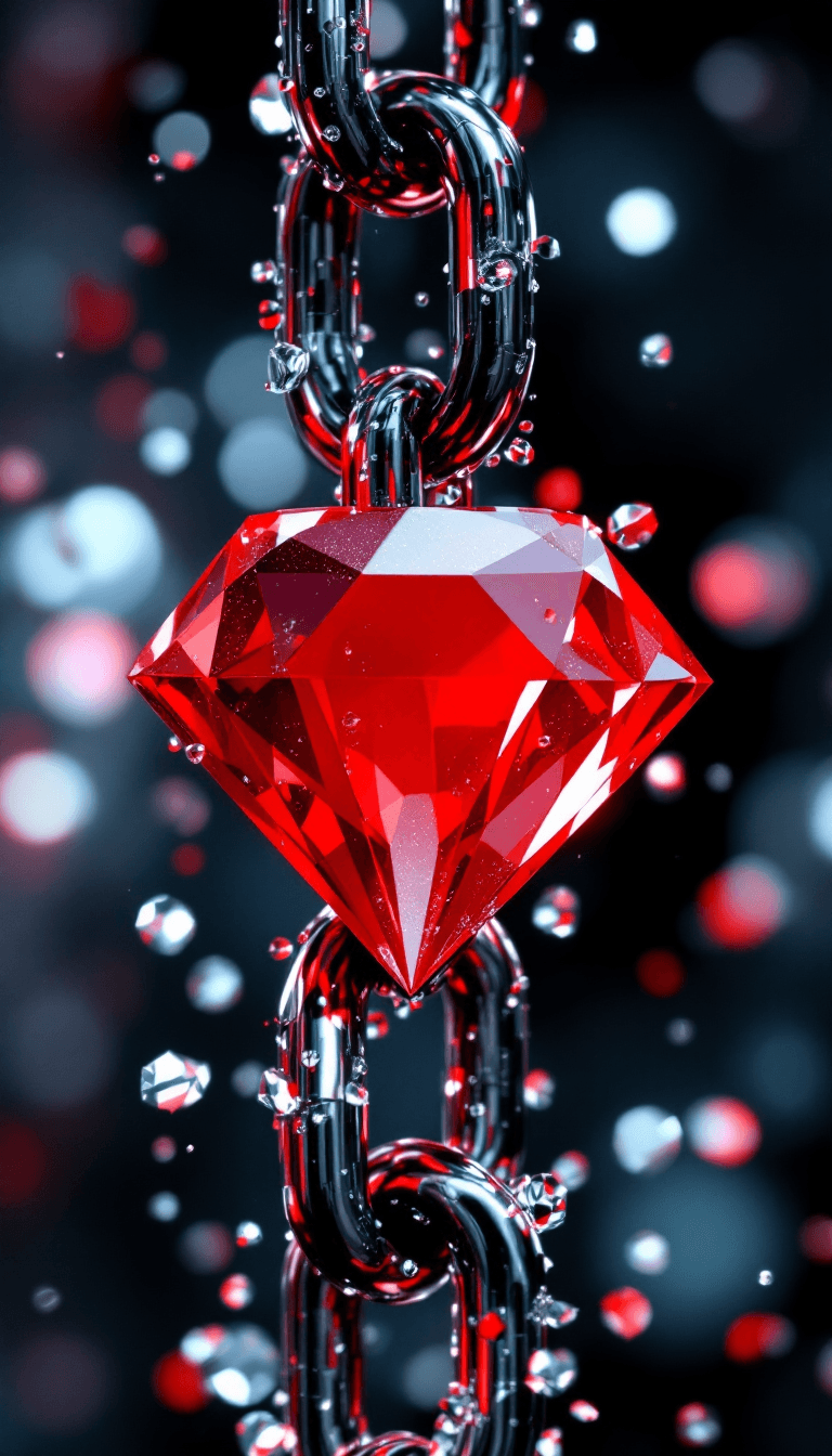 AI generated: big diamond ice out cuba chain. On the Chain is a red diamond and big the text: "BAILE RHYTHM" in a ...