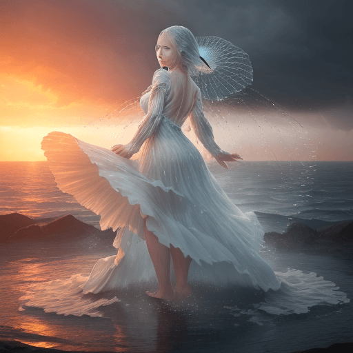 AI generated: I am a rain and i made of water and wind and I wear a dress grown from my skin like a drop water and...
