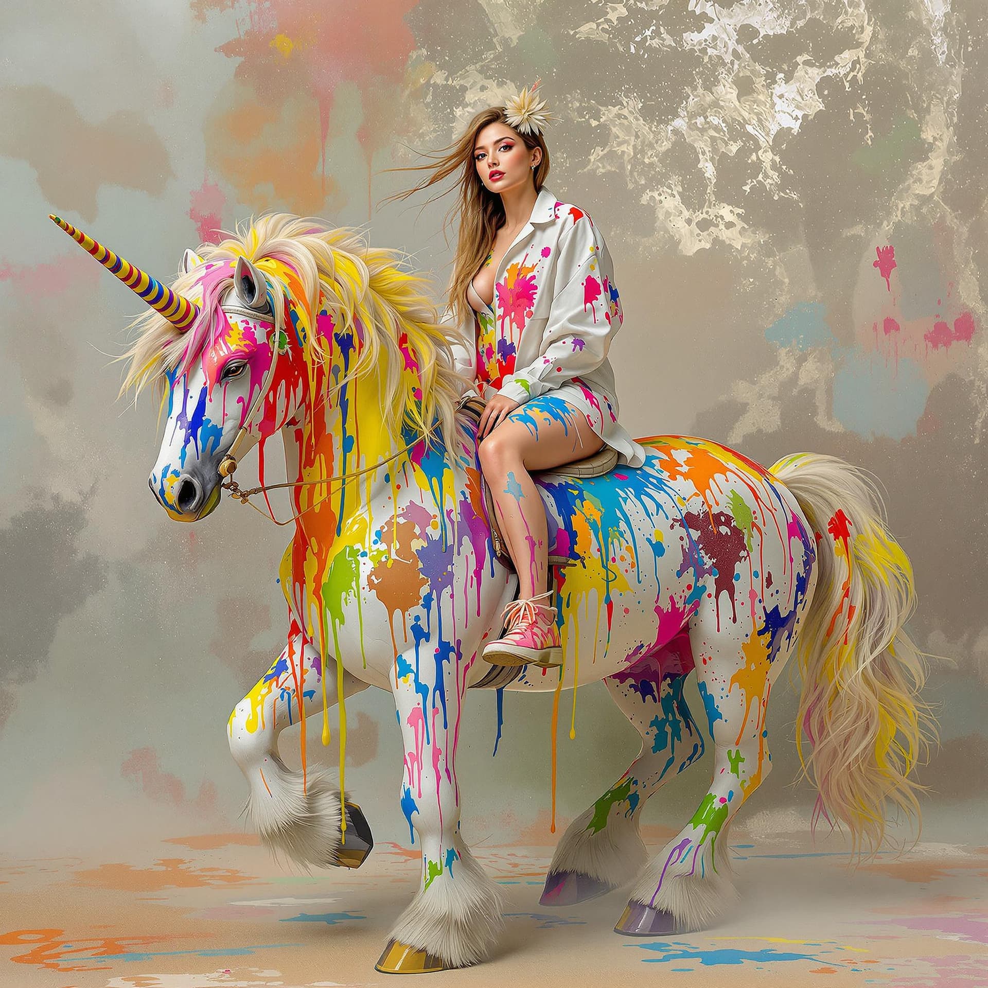 AI generated: a woman on her unicorn has painted it with colorful colors, in the style of petrina hicks, kim jung ...