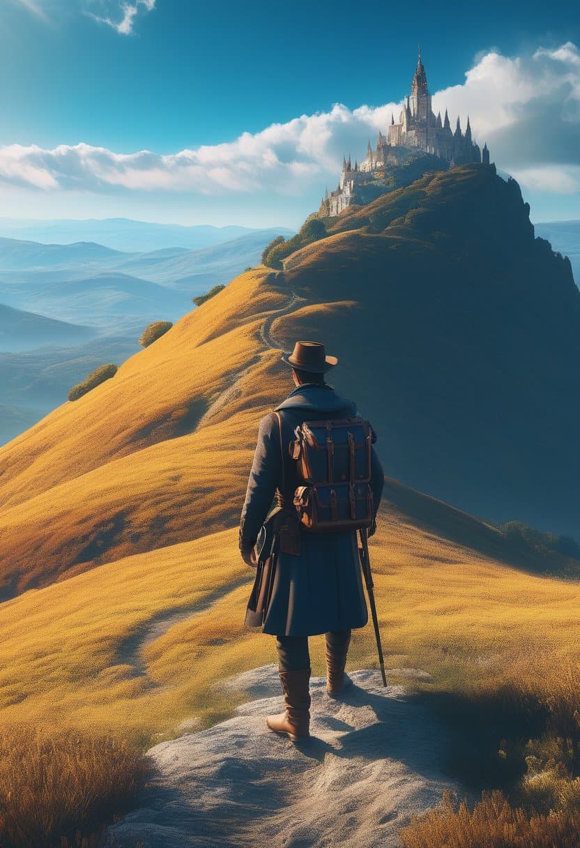 AI generated: poster of traveler| standing alone on hill| centered| detailed gorgeous face| key visual| intricate ...