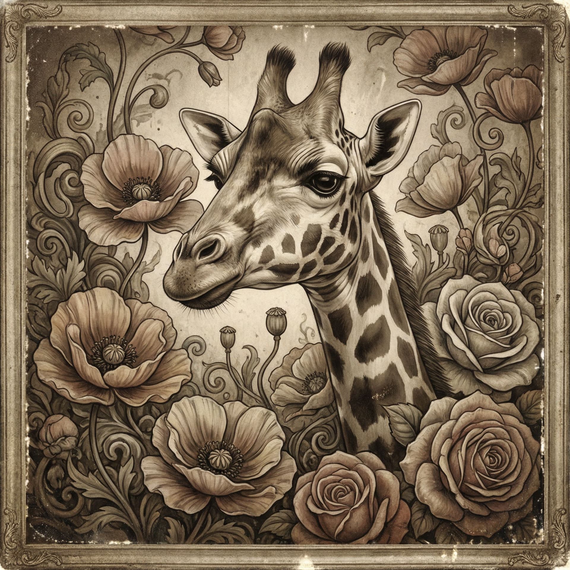 AI generated: giraffe in flowers by artist arne thun, in the style of natalia rak, 8k resolution, vintage aestheti...