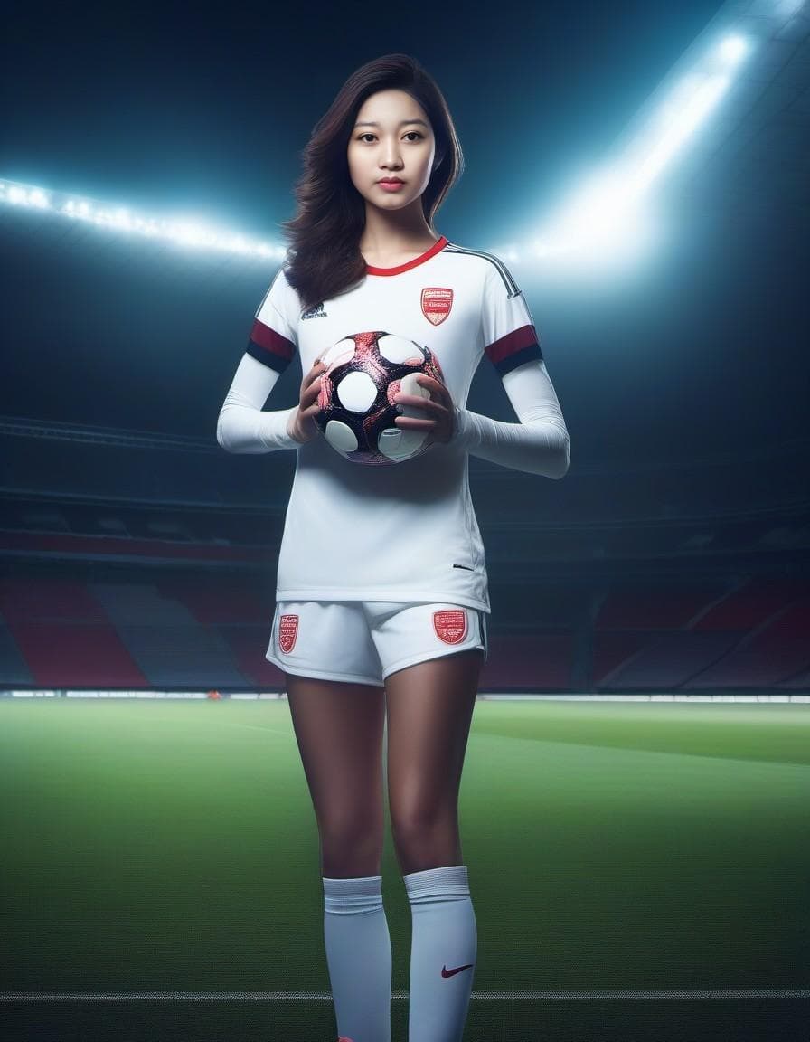AI generated: A visual stunning full body photography of a female soccer player, stadium, volumetric lighting, vol...