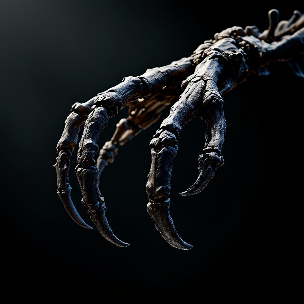 AI generated: T rex skeleton claw, dramatic lighting