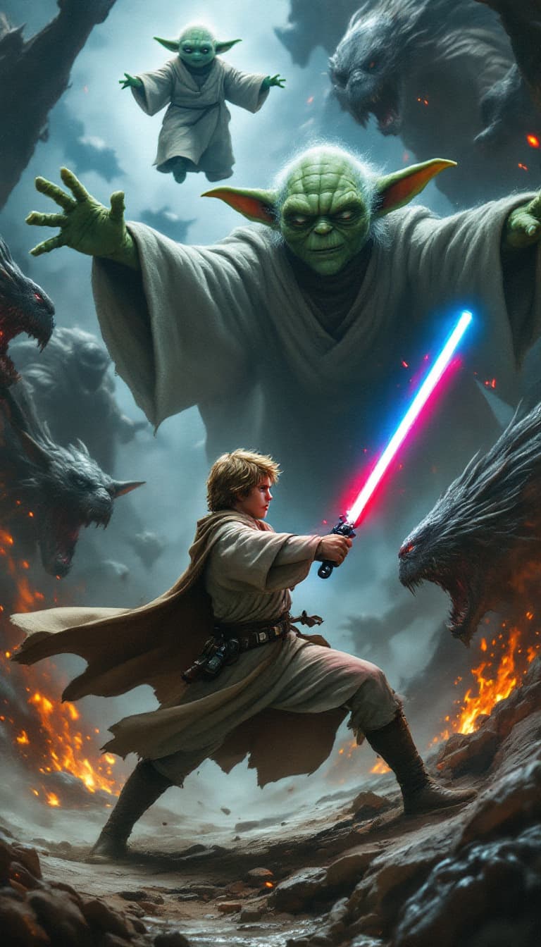AI generated: Luke Skywalker, fighting various monsters
with 2 lightsabers, 1 blue and 1 red. and Master Yoda floa...