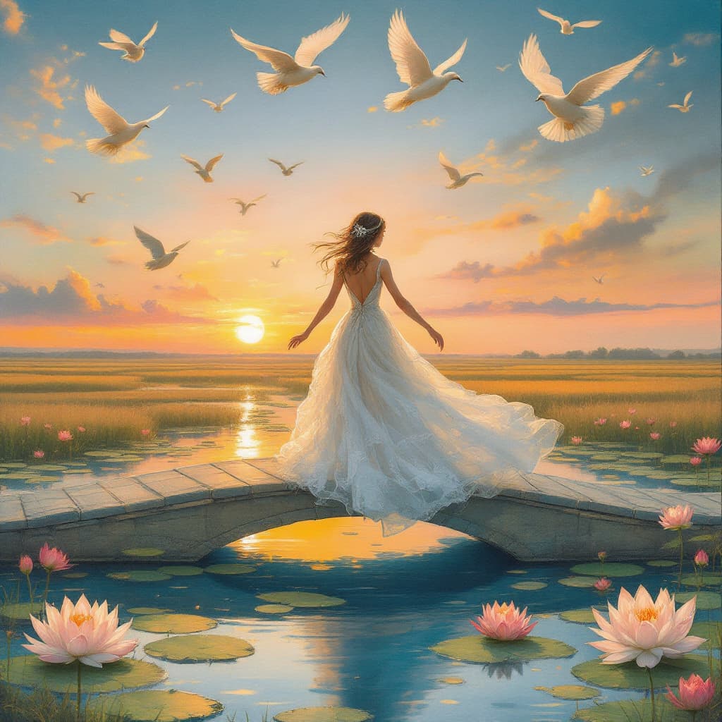 AI generated: A girl in an elegant dress stands on the bridge over water, with lotus flowers floating on it. Birds...