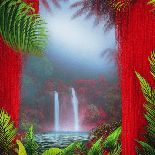 AI generated: tropical landscape, red color, Bokeh, the waterfall, fog over the lake, insanely detailed and intric...