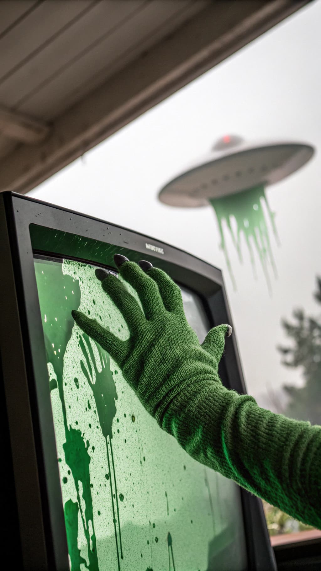 AI generated: Macroview of an green alien hand touching a tv screen with green splatters and a UFO silhouette on i...