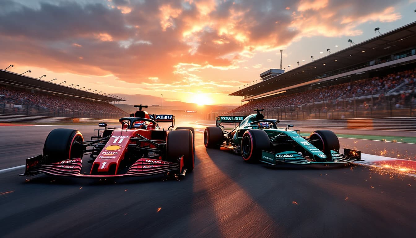 AI generated: A high-speed Formula 1 race is taking place on a professional circuit during a breathtaking sunset. ...