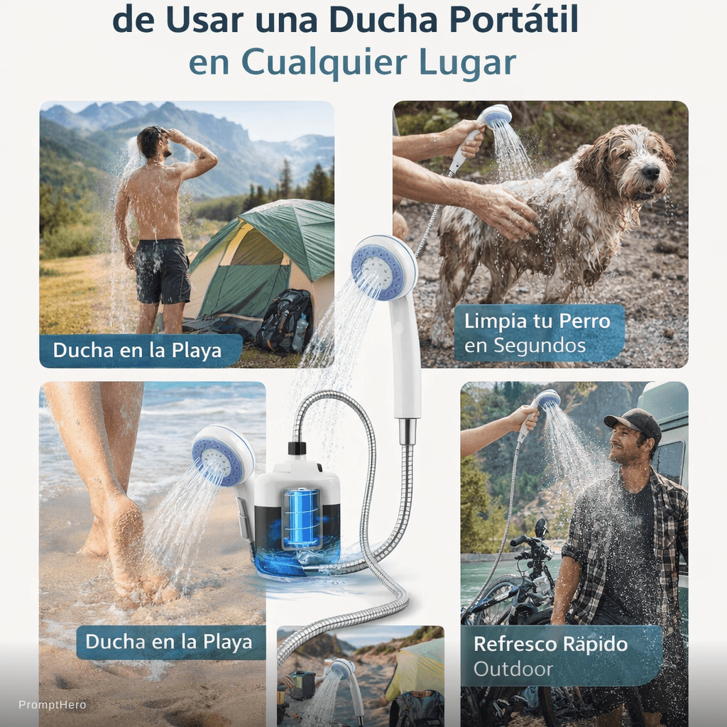 AI generated: Crea una imagen vertical estilo Pinterest centrada en una ducha portátil de alta presión, mostrando ...