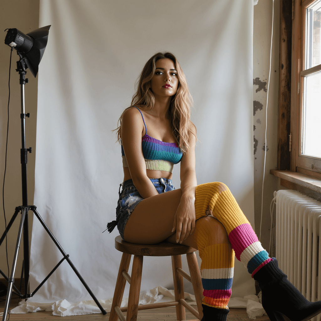 AI generated: Women sitting on a wooden stool in an photo studio, wearing a multicolored mini top, and multicolore...