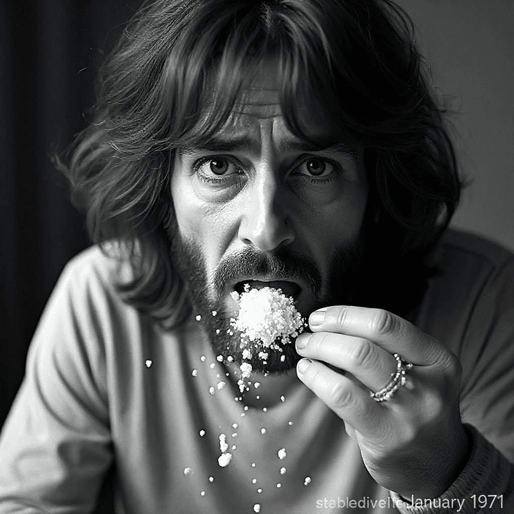 AI generated: paparazzi style photograph of George Harrison of the Beatles, doing excessive amounts of cocaine in ...