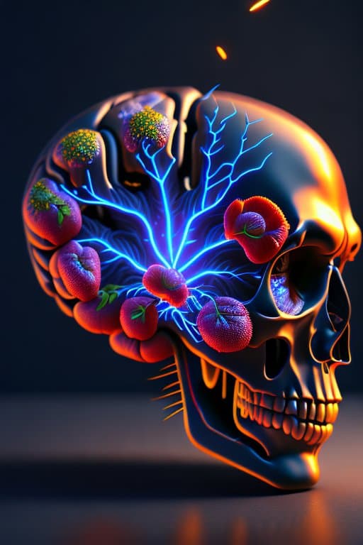 AI generated: anatomically correct brain with flowers, electricity rays all around, beautiful, celestial, complete...