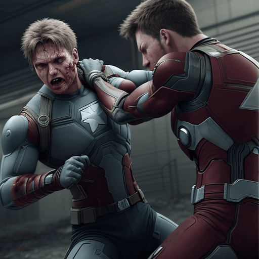 AI generated: Realistic cgi vfx Two friends are fighting, one of them has a metal arm and a long arm and they both...
