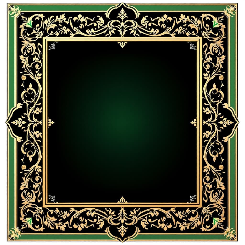 AI generated: Islamic design frame in black green and gold colors with large blank center to insert a verse
