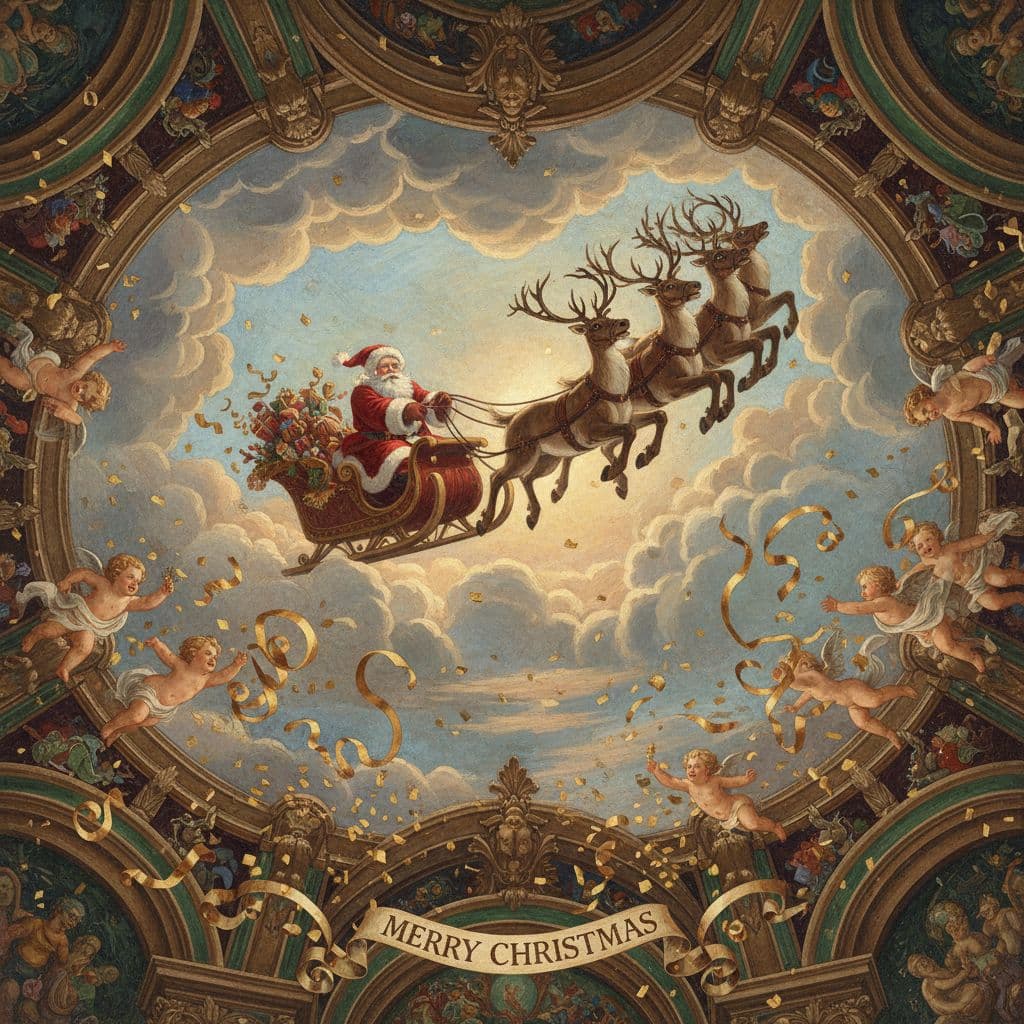 AI generated: christmas card santa claus in sled, in the style of 32k uhd, quadratura, lively and energetic --chao...