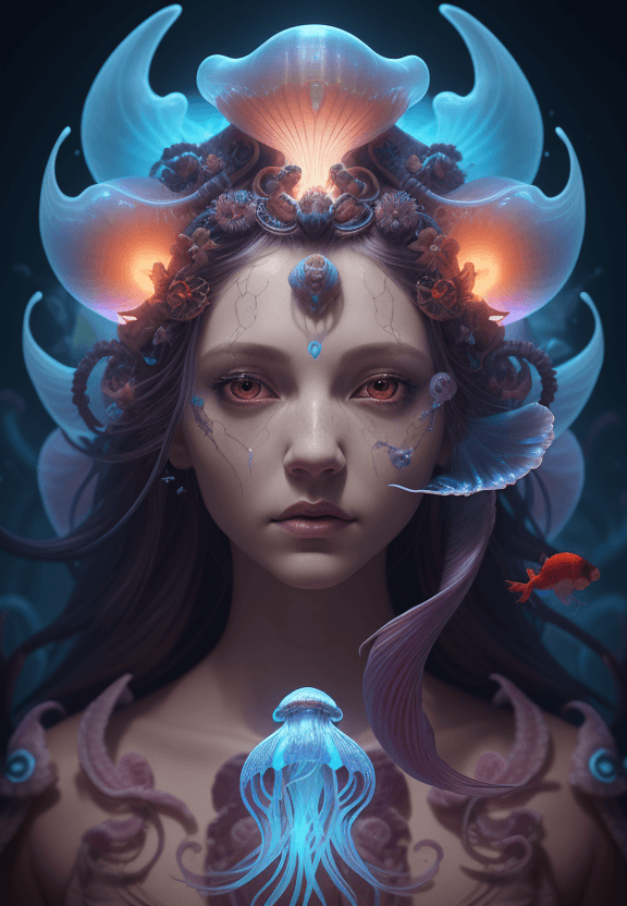 AI generated: Goddess close-up portrait ribcagel. jellyfish phoenix head, nautilus, orchid, skull, betta fish, bio...