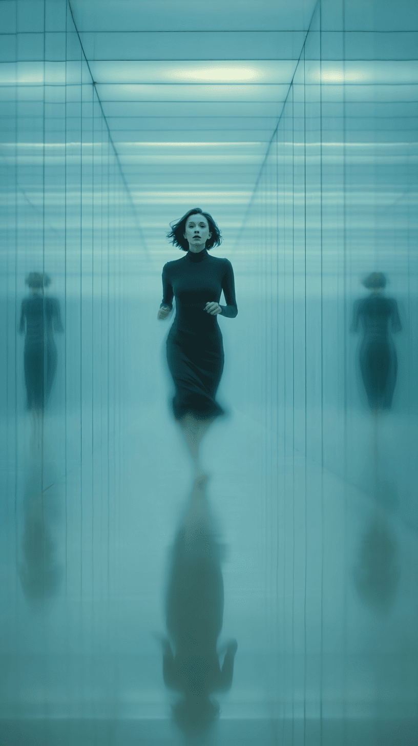 AI generated: photography, surreal candid shot, infinite mirror room with strong geometric perspective, woman runn...