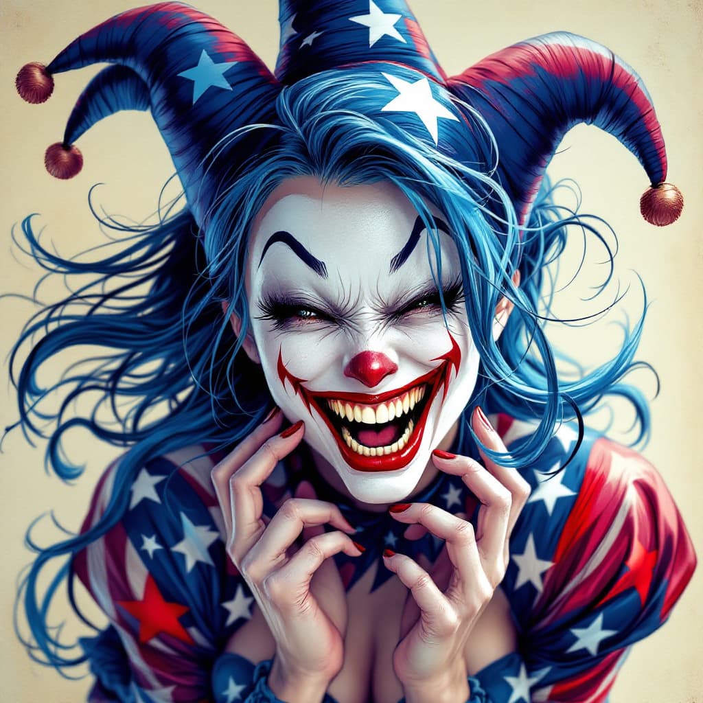 AI generated: A female jester in detailed manga style, with flowing blue hair and a playful yet menacing expressio...