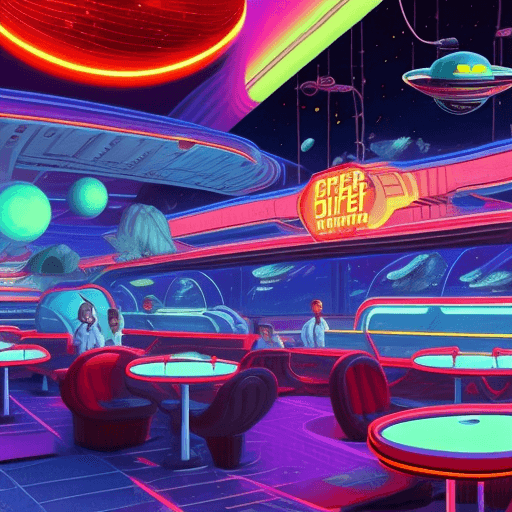 AI generated: a sci fi image,retro scifi,50th style a diner on a asteroid,flying cars ,dynamic lights,in space,ver...