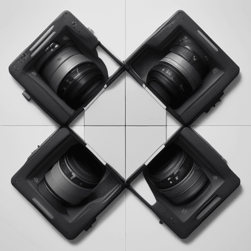 AI generated: 3 matte gray cameras, size of deck of cards, arranged in a grid, on a glossy white surface, hyper re...