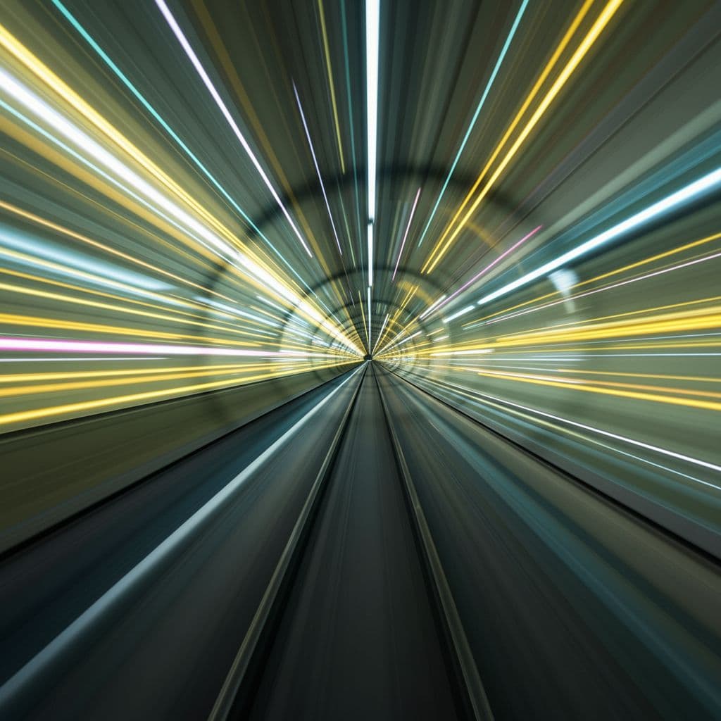 AI generated: futurerstic, tunnel, bright moving lights, long exposure, speed, dynamic, symmetric, details, 