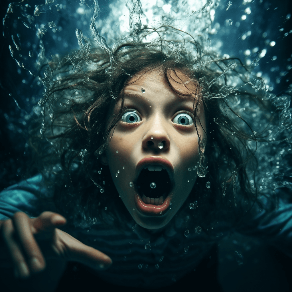 AI generated: underwater face beautiful girl with big blue eyes screaming --v 5.2