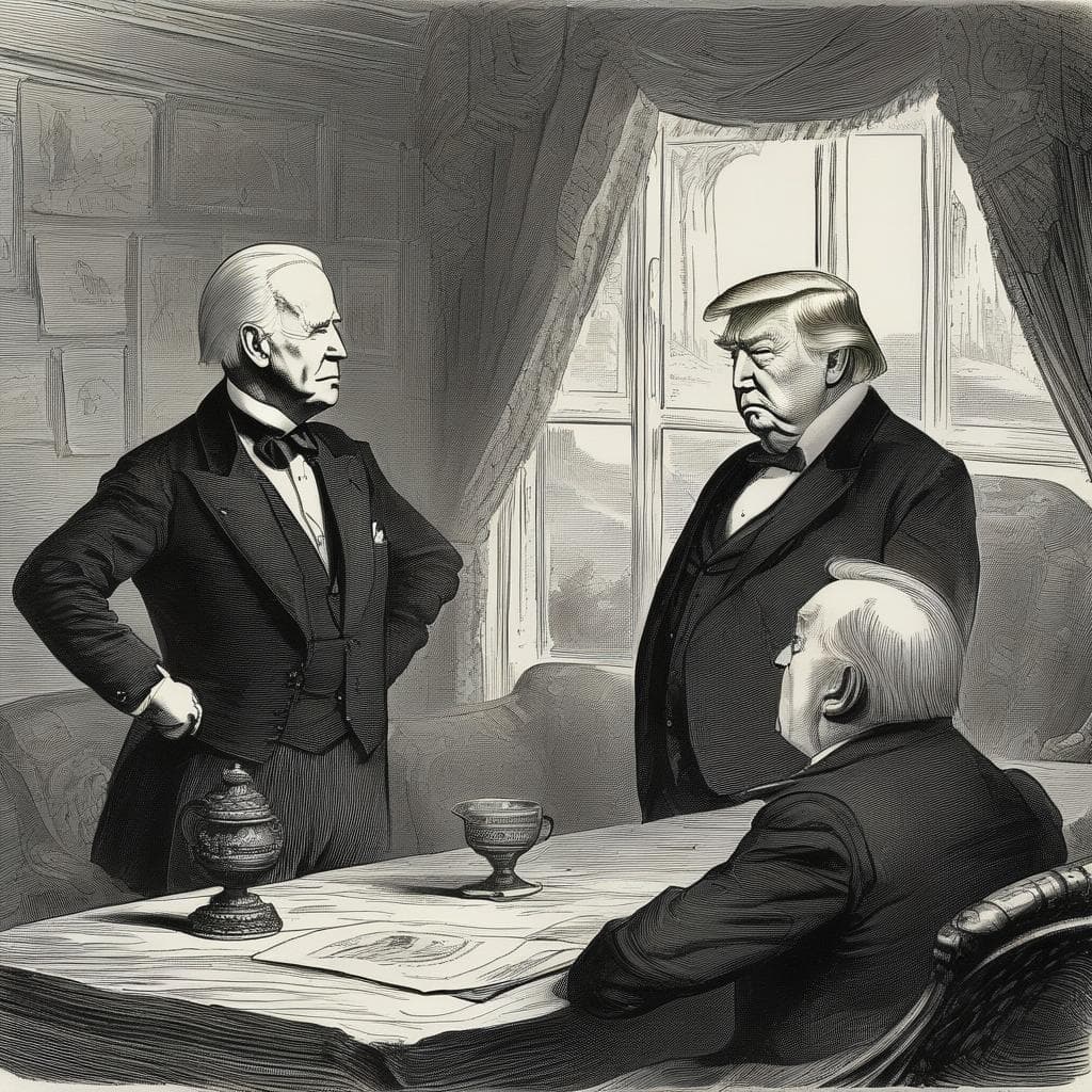 AI generated: Presidential debate, (Joe Biden, 1.3) and (Donald Trump, 1.3) on a stage, A cartoon in the style of ...