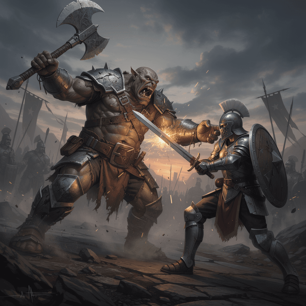 AI generated: un orco luchando contra un guerrero humano