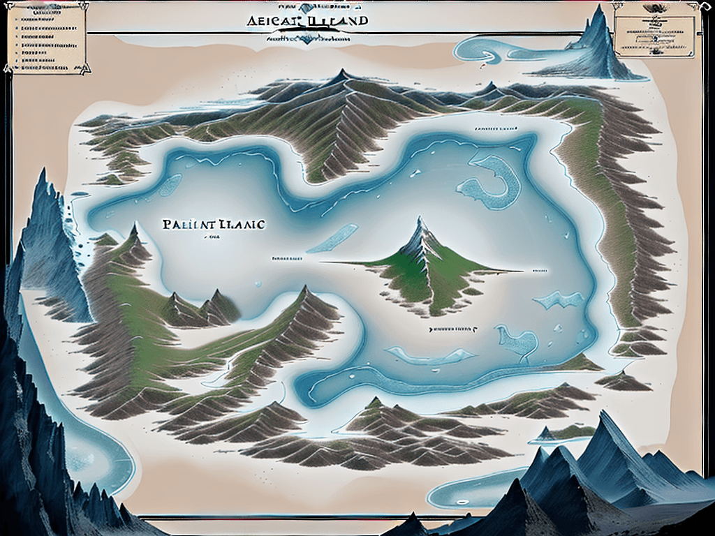 AI generated: Design a full vertical map of a fantasy world in portrait orientation. The map includes a variety of...