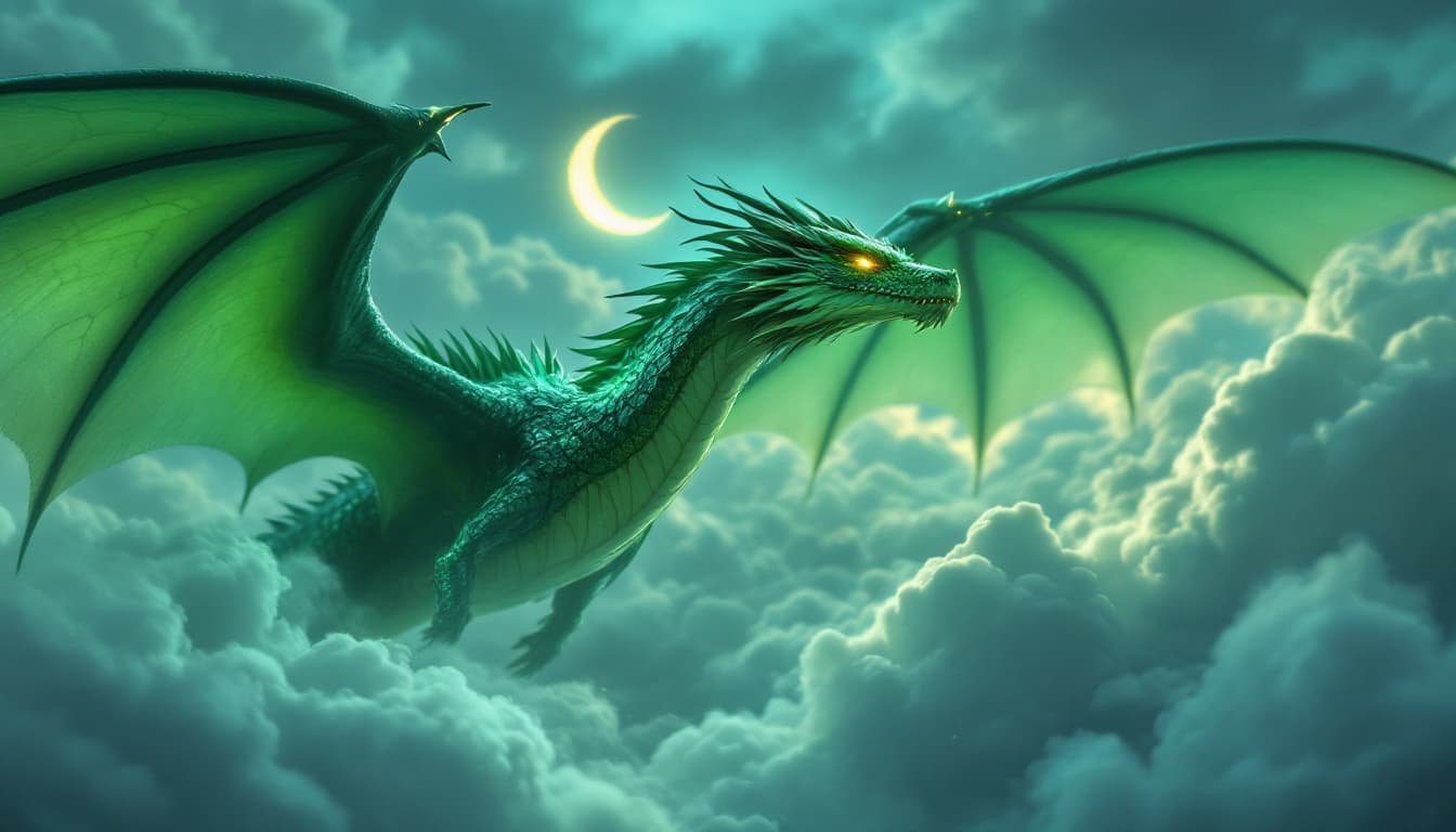 AI generated: A close-up of a sleek emerald dragon soaring through a cloud-filled twilight night sky. Its elongate...