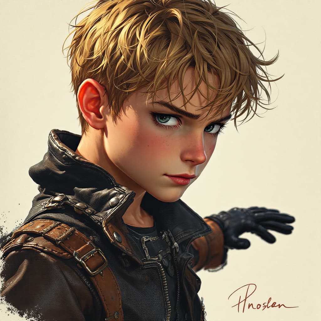 AI generated: a boy dressed in a leather gloves; detailed; realistic; 