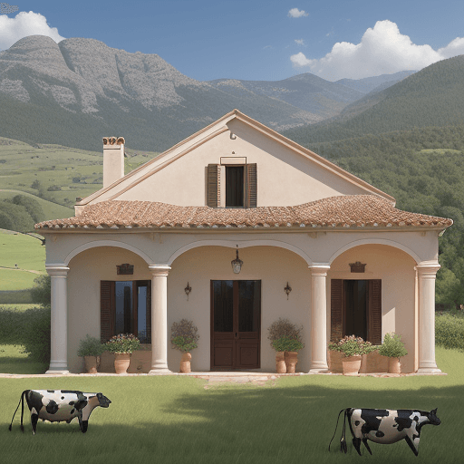 AI generated: Realistic photo. A countryside house house in a classic Catalan style. The main entrance is adorned ...