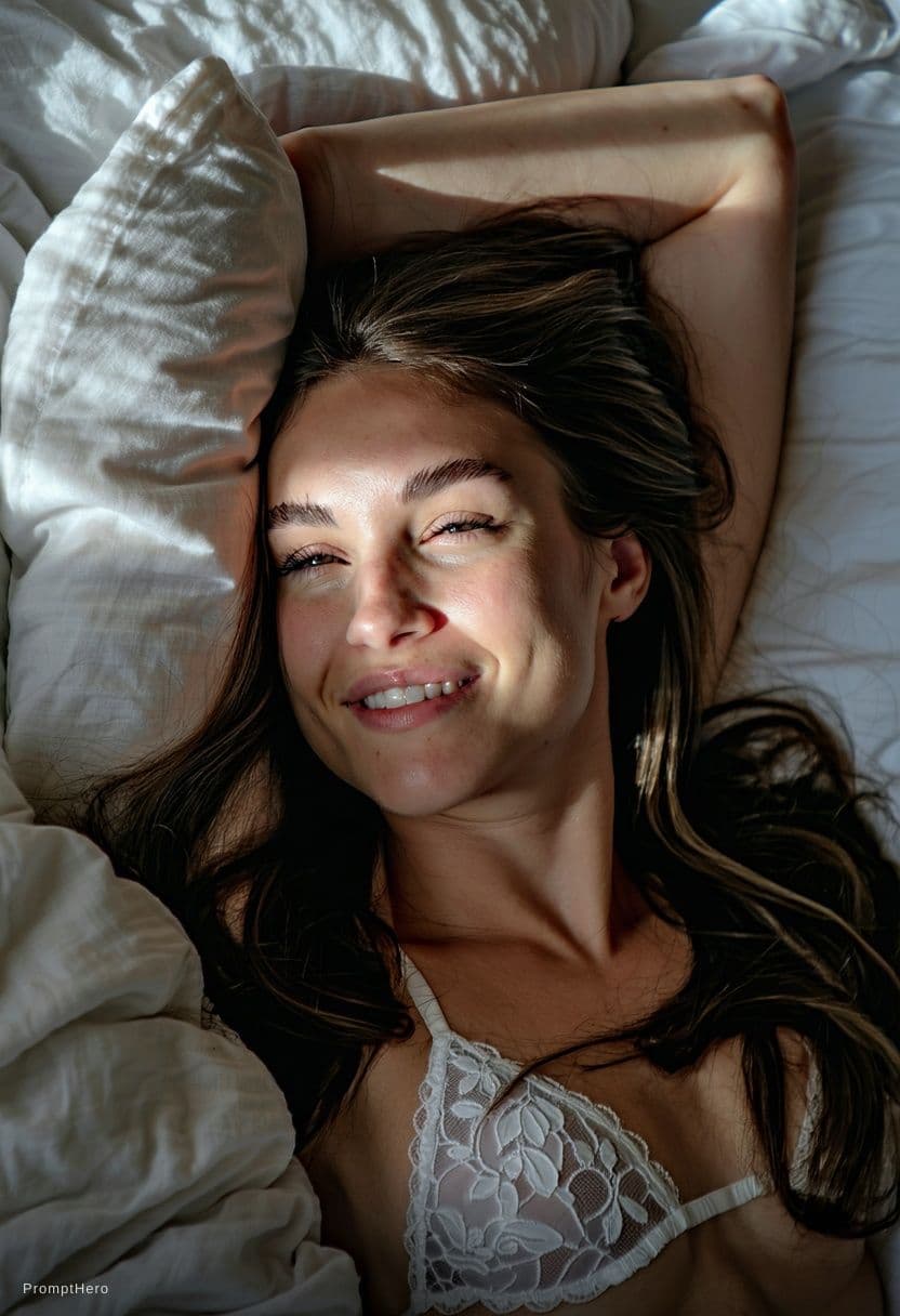 AI generated: Create a high-resolution photograph of a fit adult woman lying on her back in a bed covered with pri...