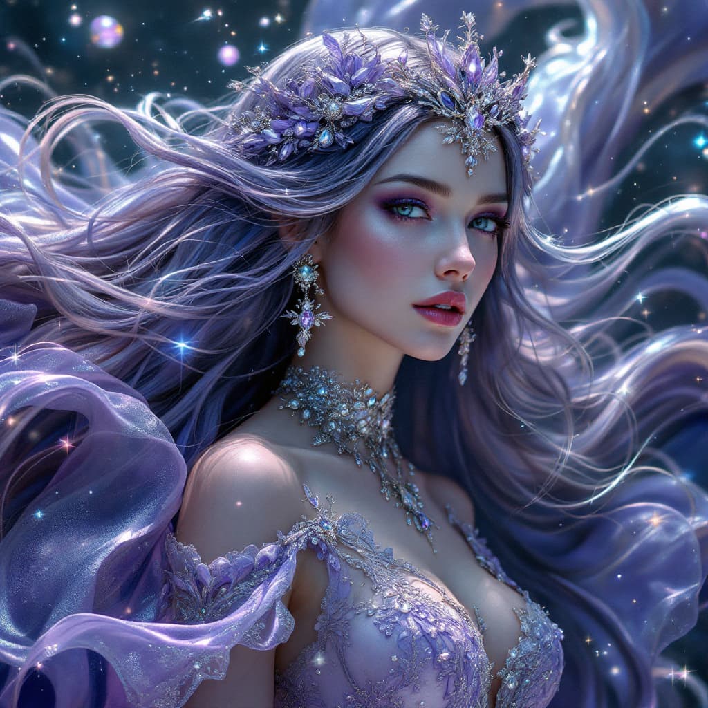 AI generated: The ultimate space princess is a sight to behold, her flowing gown shimmers with ethereal hues of de...