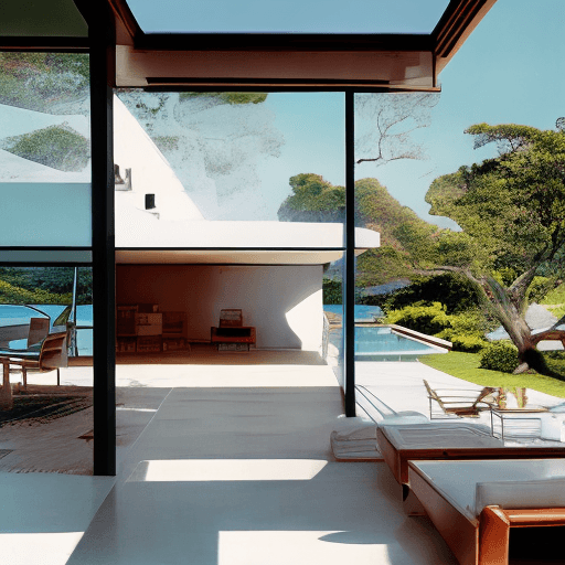 AI generated: Hyper realistic eye level exterior photo of a mid century modern style house overlooking the ocean, ...
