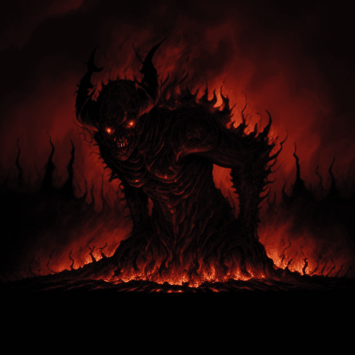 AI generated: creates a hellish scene in the depths of the underworld, where flames burn in a blood-red sky and de...