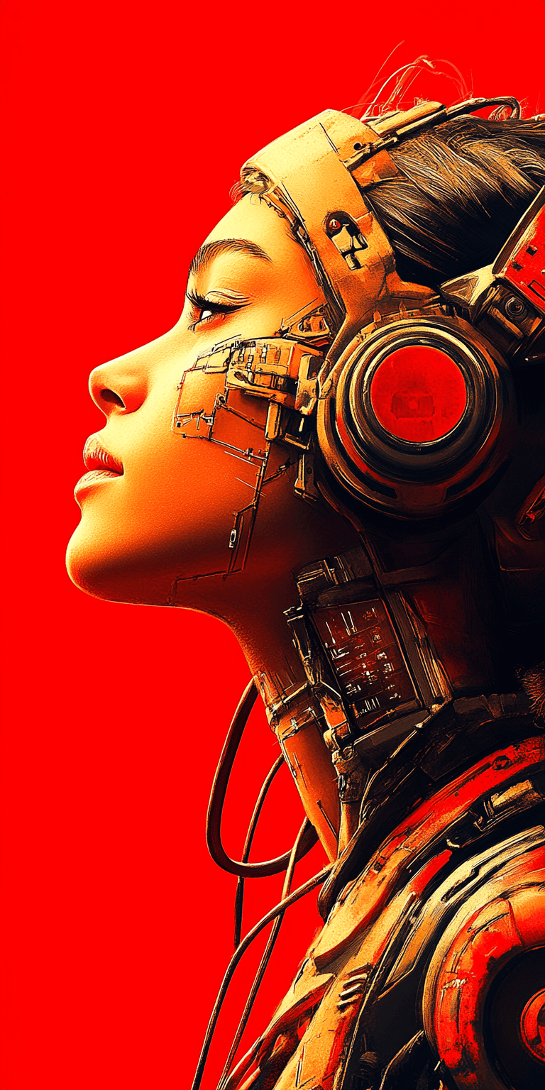 AI generated: A beautiful woman with robotic features as a closeup shot of the face and neck, with circuitry on he...
