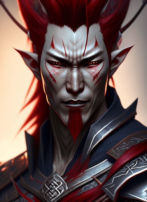 AI generated: evil male elf samurai with grey skin and red hair, ultra realistic, concept art, intricate details, ...