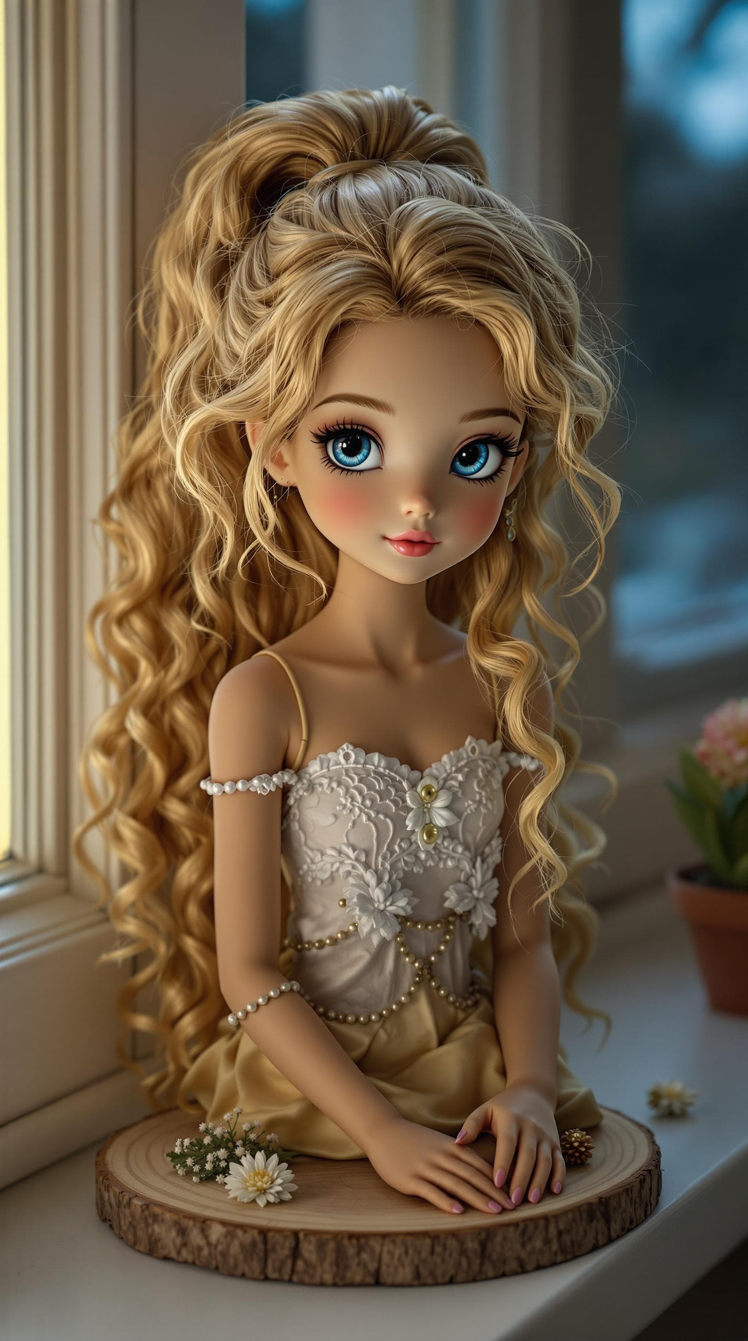 AI generated: a professional photo of a exceptionally beautiful porcelain girl figurine (16 inch figurine), (nine ...