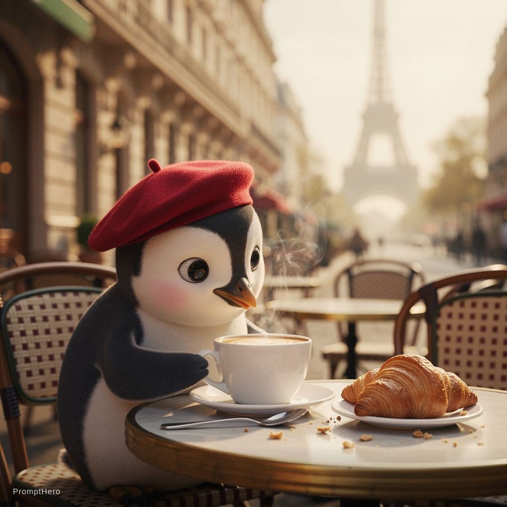 AI generated: A cute penguin blowing on a hot cappuccino at a cozy Parisian café terrace, wearing a tiny red beret...