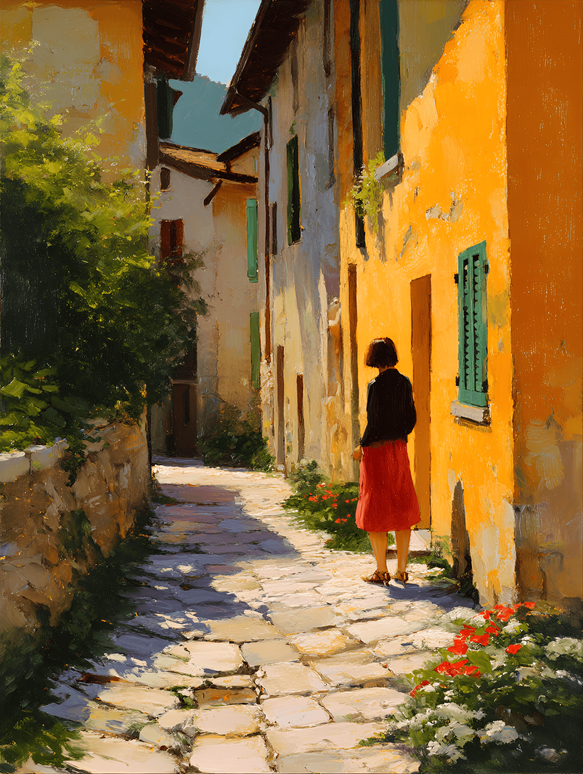 AI generated:  woman, middle-aged, light-skinned, is standing in a narrow alleyway. She is positioned on the left ...