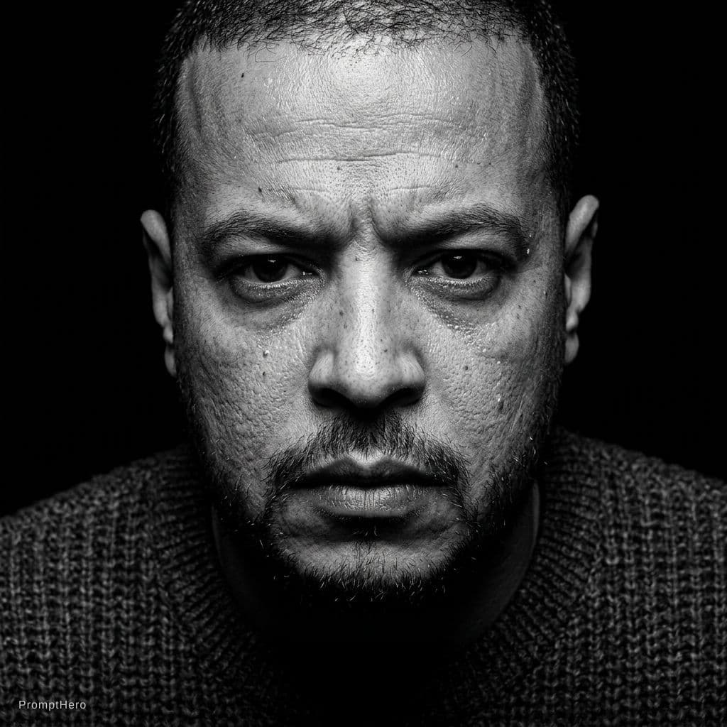 AI generated: Black and white ultra-realistic portrait of me looking intensely at the camera with a furrowed brow....