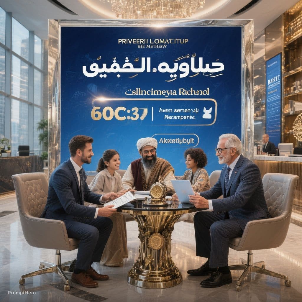 AI generated: Luxury banking loan advertisement, successful Arab entrepreneur and family discussing financial plan...