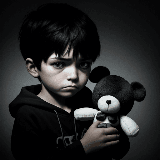AI generated: Dark image with a sad 5-year-old boy and short hair and stuffed toy